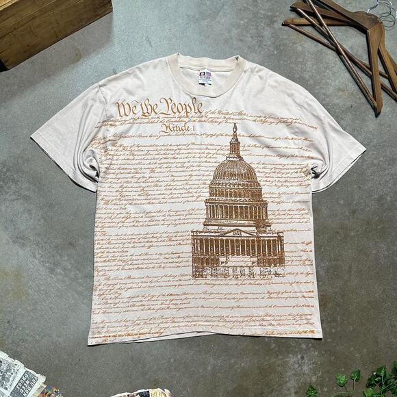 Vintage 90s Bayside “We The People” Constitution AOP Tee Tan Brown Mens XL Shirt - Picture 1 of 4